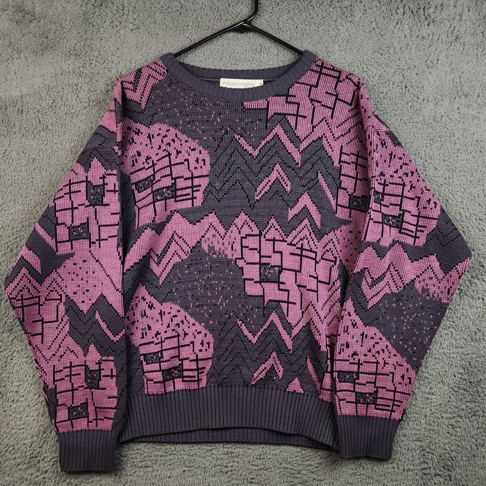 Vintage Acrylic Sweater Mens Med Purple 90s Crewneck USA Made Grandpa Geometric
